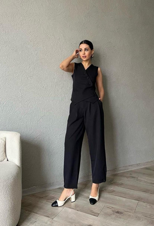 Black Buttoned Straight Trousers